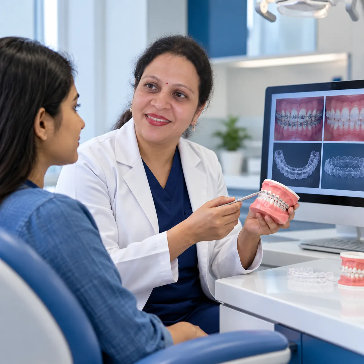 Dr. Kashmira Jathar discussing orthodontic treatment options with a patient